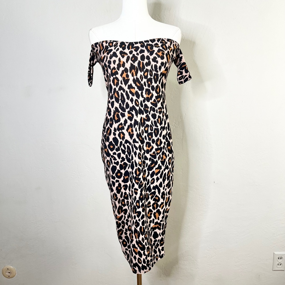 Boohoo Leopard Print Off Shoulder Bodycon Midi Dress Stretchy US 8 NEW‎